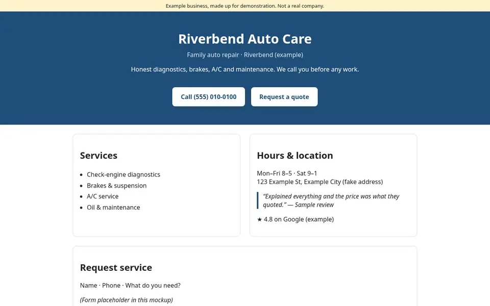 Sample website for Riverbend Auto Care, a made-up example business, on a laptop