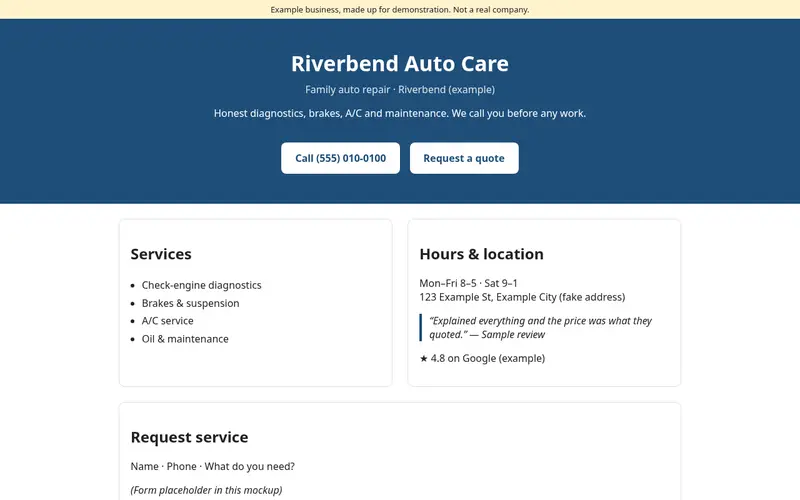 Sample one-page website for a made-up auto shop